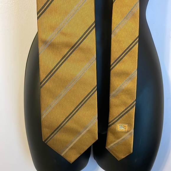 Burberry London Gold Yellow Striped and Logo Silk Necktie Tie
